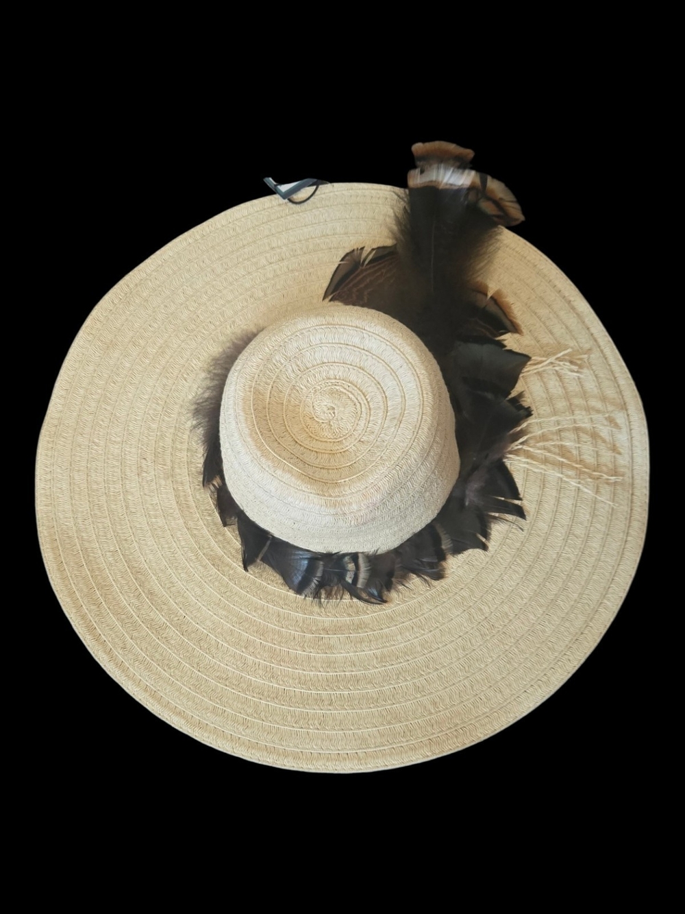 Straw Sun Hat with Wild Santa Cruz Moutain Turkey Feather Accent Handmade